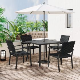 Outdoor Patio PE Wicker 5-Piece Dining Table Set with Umbrella Hole and 4 Dining Chairs for Garden, Deck,Black Frame+Black Rattan - black