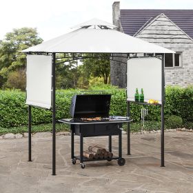 13Ft.Lx4.5Ft.W Iron Double Tiered Backyard Patio BBQ Grill Gazebo with Bar Counters&Extendable Shades, White - White