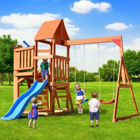 Wooden Swing Set with Slide, Climbing wall, Sandbox and Wood Roof, Outdoor Playhouse Backyard Activity Playground Playset for Toddlers - Natural