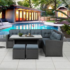 6-Piece Patio Furniture Set Outdoor Sectional Sofa with Glass Table, Ottomans for Pool, Backyard, Lawn - Black