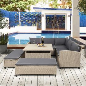 6-Piece Patio Furniture Set Outdoor Wicker Rattan Sectional Sofa with Table and Benches for Backyard, Garden, Poolside - Brown