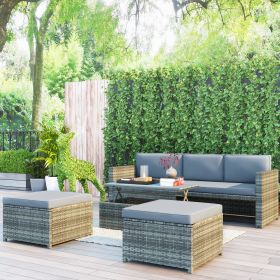 4-piece Outdoor Backyard Patio Rattan Sofa Set, All-weather PE Wicker Sectional Furniture Set with Retractable Table, Gray - Gray