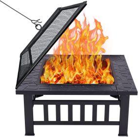 32 inch Outdoor Fire Pit Table Outside Backyard Patio Square Firepit Table - Black