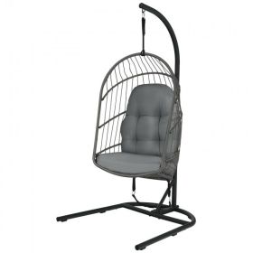 Hanging Wicker Egg Chair with Stand and Cushion - Gray