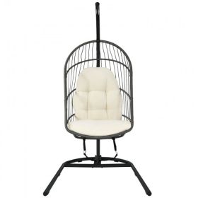 Hanging Wicker Egg Chair with Stand and Cushion - beige