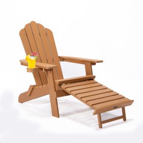 Patio Deck Garden Backyard Furniture Folding Adirondack Chair With Pullout Ottoman With Cup Holder - Brown - Folding Adirondack Chair