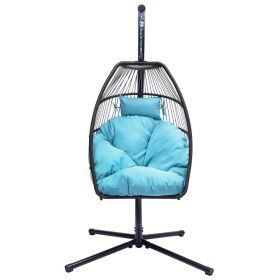 Outdoor Patio C Type Bracket Wicker Folding Hanging Chair With Cushion And Pillow - Blue - Hanging Chair