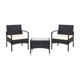 Lawn Backyard Patio Wicker Rattan Furniture 3 Pieces Set With Cushion - Black - Polyester, Sponge, steel, wicker