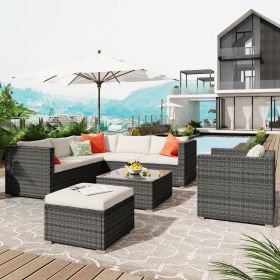 Patio Furniture Sets, 8-Piece Patio Wicker Corner Sofa with Cushions, Ottoman and Coffee Table - Gray