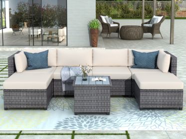 7 Piece Rattan Sectional Seating Group with Cushions, Outdoor Ratten Sofa NEW! - Beige