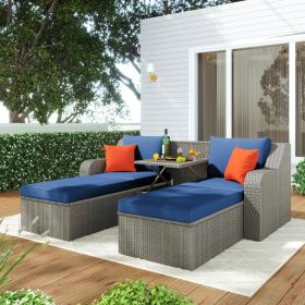 Patio Furniture Sets, 3-Piece Patio Wicker Sofa with Cushions, Pillows, Ottomans and Lift Top Coffee Table - Blue