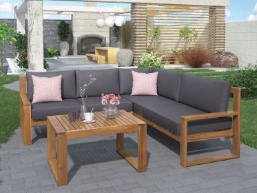 3-Piece Patio Sectional Set Acacia Wood and Grey Cushions Ideal for Outdoors and Indoors - Gray