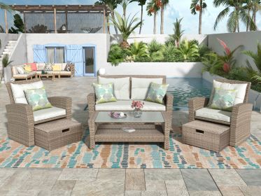 Patio Furniture Set, 4 Piece Outdoor Conversation Set All Weather Wicker Sectional Sofa with Ottoman and Cushions - Beige