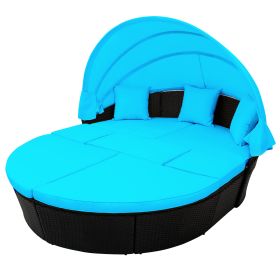 Backyard Outdoor Rattan Round Daybed Retractable Canopy Sunbed Sectional Sofa Sets - Blue - Wicker