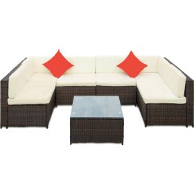 Backyard Patio Garden PE Rattan Sectional  Corner Sofa Furniture Set 7 Pieces - Beige - Rattan