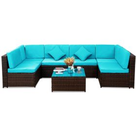 Backyard Patio Garden PE Rattan Sectional  Corner Sofa Furniture Set 7 Pieces - Blue - Rattan