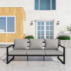 Patio Furniture Metal Couch, 3-Seat All-Weather Outdoor Black Metal Sofa Chair with Grey Cushions - Black+ Gray