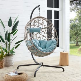 Patio Wicker Swing Egg Chair Basket Rattan Teardrop Hanging Lounge Chair with Stand and Cushions - Blue