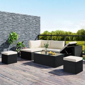 Large Outdoor Wicker Sofa Set, PE Rattan, Movable Cushion, Sectional Lounger Sofa, For Backyard, Porch, Pool, Beige - Beige