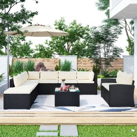 9-piece Outdoor Patio Large Wicker Sofa Set, Rattan Sofa set for Garden, Backyard,Porch and Poolside, Black wicker, Beige Cushion - Beige