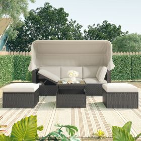 Outdoor Patio Rectangle Daybed with Retractable Canopy, Wicker Furniture Sectional Seating with Washable Cushions, Backyard, Porch - Beige