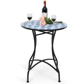 Patio Pool And Garden Lawn Mosaic Floral Pattern Bistro Round Table  - Blue Floral Pattern - 24 Inch