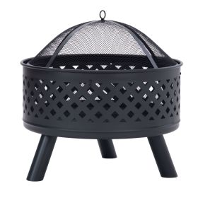 U-style Round Outdoor Steel Wood Burning Fire Pit with Spark Screen for Backyard Garden Camping Bonfire Patio,Black AL - MX199360AAA