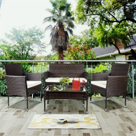 4 PCS Outdoor Garden Rattan Patio Furniture Set Backyard Cushioned Seat Wicker Sofa Kit XH - Rattan Color: Brown