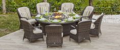 Turnbury Outdoor 9 Piece Patio Wicker Gas Fire Pit Set Round Table With Arm Chairs by Direct Wicker - Brown