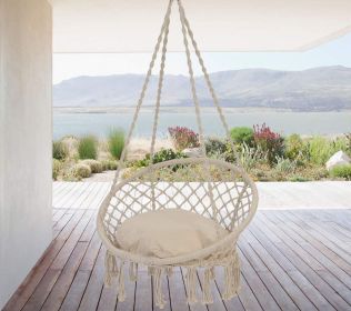 Tassel Cotton Hanging Rope Hammock Chair Swing Round Indoor Outdoor Home Garden Patio - Beige