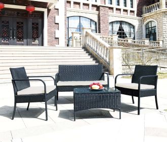 Outdoor rattan furniture set of 4 pieces, love sofa, single seat, coffee table RT - Black