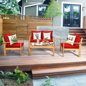 4 Pieces Patio Acacia Wood Thick Cushion Loveseat Sofa Set - Red