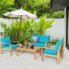 4 Pieces Patio Acacia Wood Thick Cushion Loveseat Sofa Set - Turquoise