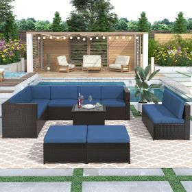 9 Piece Rattan Sectional Seating Group with Cushions and Ottoman, Patio Furniture Sets, Outdoor Wicker Sectional - Blue