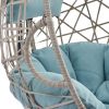 Patio Wicker Swing Egg Chair Basket Rattan Teardrop Hanging Lounge Chair with Stand and Cushions - Blue