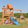 Wooden Swing Set with Slide, Climbing wall, Sandbox and Wood Roof, Outdoor Playhouse Backyard Activity Playground Playset for Toddlers - Natural