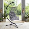 Outdoor Patio C Type Bracket Wicker Folding Hanging Chair With Cushion And Pillow - Gray - Hanging Chair