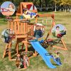 Wooden Swing Set with Slide, Climbing wall, Sandbox and Wood Roof, Outdoor Playhouse Backyard Activity Playground Playset for Toddlers - Natural