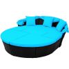 Backyard Outdoor Rattan Round Daybed Retractable Canopy Sunbed Sectional Sofa Sets - Blue - Wicker
