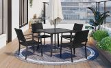 Outdoor Patio PE Wicker 5-Piece Dining Table Set with Umbrella Hole and 4 Dining Chairs for Garden, Deck,Black Frame+Black Rattan - black