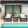 3 Pieces Patio Rattan Furniture Set with Acacia Wood Tabletop - as show