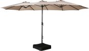 15 FT Outdoor Umbrella Double-Sided Patio Market Umbrella with Base, Crank, 100% Polyester Canopy - Beige