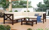 Outdoor Wood Patio Backyard 4-Piece Sectional Seating Group with Cushions and Table X-Back Sofa Set for Small Places - Beige