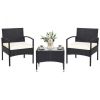 Lawn Backyard Patio Wicker Rattan Furniture 3 Pieces Set With Cushion - Black - Polyester, Sponge, steel, wicker