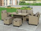 6 Piece Outdoor Rattan Wicker Set Patio Garden Backyard Sofa, Chair, Stools and Table - Brown