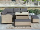 6-Piece Patio Furniture Set Outdoor Wicker Rattan Sectional Sofa with Table and Benches for Backyard, Garden, Poolside - Brown