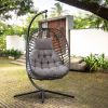 Rattan Weather Resistant Foldable Hanging Hammock Egg Chair with Stand for Patio - Grey