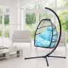 Outdoor Patio C Type Bracket Wicker Folding Hanging Chair With Cushion And Pillow - Blue - Hanging Chair