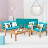 4 Pieces Patio Acacia Wood Thick Cushion Loveseat Sofa Set - Turquoise