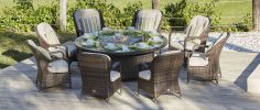 Turnbury Outdoor 9 Piece Patio Wicker Gas Fire Pit Set Round Table With Arm Chairs by Direct Wicker - Brown